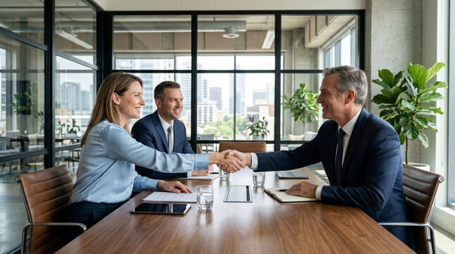Business handshake in modern office meeting room with city view
