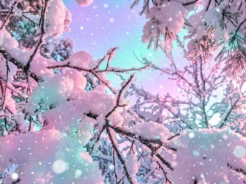 Snow-covered tree branches in pink and teal against a pastel sky. Frosted twigs with fluffy white snow cluster in magenta and aqua tones under a lavender and cyan sky, with floating snowflakes.