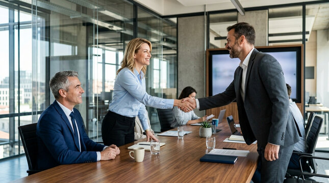 Business handshake in modern office meeting room with colleagues
