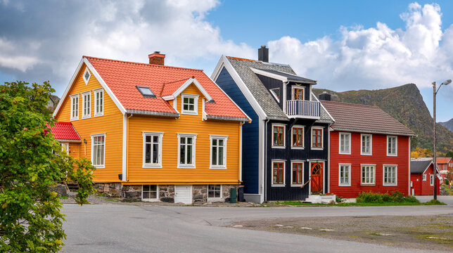 Title:
Colorful row of traditional wooden houses in Kabelvag, Lofoten Islands, Norway