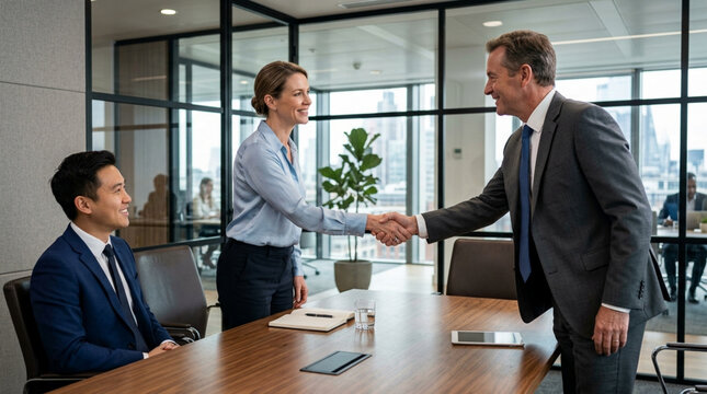 Business handshake in modern office meeting room with diverse colleagues