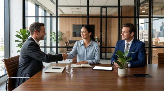 Business handshake in modern office meeting room with diverse professionals