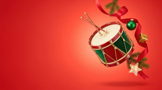 Drummer drum with crossed sticks wrapped in red ribbon and evergreen on vivid red, Christmas parade and holiday concert banner for festive music events and carol nights