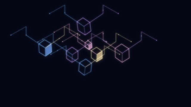 Abstract isometric wireframe cubes with glowing network connections. Futuristic blockchain and big data concept background, seamless loop.
