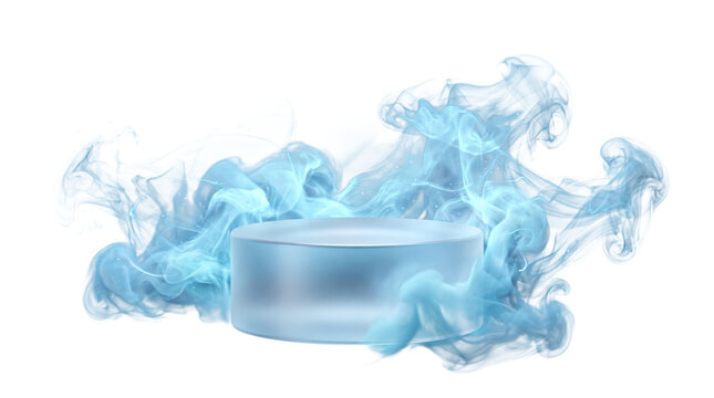 3D Frosted Glass Product Stage with Swirling Blue Mist Isolated on White
