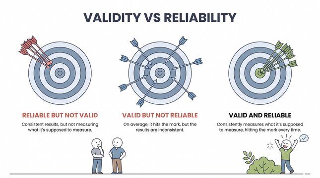 Infographic explaining validity versus reliability with target shooting