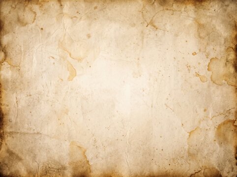 Vintage beige parchment paper background with warm golden brown stains and subtle grunge texture, lighter glowing center fading to darker edges. Aged antique mood, flat composition, large copy space,