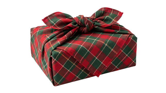 Plaid fabric-wrapped gift box with knot on a transparent background
