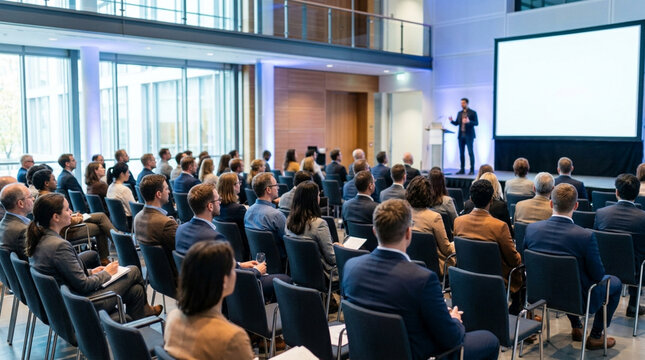 Business conference, speaker presenting to seated audience in modern auditorium with projection screen