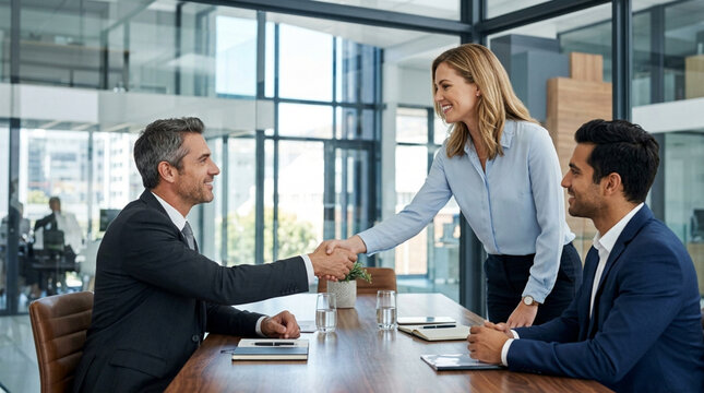 Business handshake agreement, meeting in modern office, diverse team, collaboration success