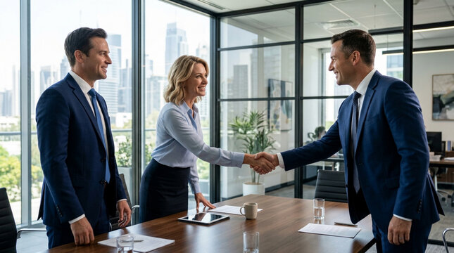 Business handshake agreement, partners meeting in modern office with city view