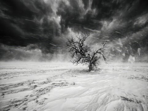 Lone tree in a snowstorm under dark clouds, black and white landscape photography. A solitary bare tree stands on a windswept snowfield while swirling flakes and heavy clouds fill the sky. High