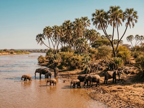 Elephants bathing in a river beneath doum palm trees, African landscape photography. A few small elephants wade and stand at the muddy brown water's edge, with tall branching palms, green shrubs and a