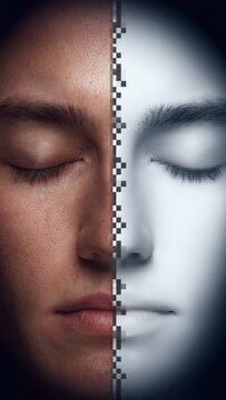Close-up portrait of face split between realistic human skin and smooth white digital mask with pixelated center line, duality concept