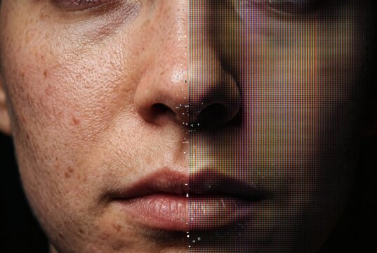 Close-up of human face split between realistic skin texture and RGB pixel grid, digital identity and privacy concept