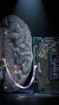 Human brain connected to processor circuit board with glowing fiber optic cable, neural interface and artificial intelligence concept