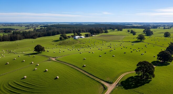Scenic Rural Landscape featuring an aerial view of rolling green hills dotted with round hay bales and scattered trees ideal for agricultural marketing and perfect for environmental sustainability.