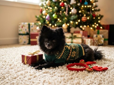 Small black fluffy dog wearing a green and gold sweater lying on a cream shaggy rug beside a red wrapped gift box and a red reindeer antler headband. Christmas tree with presents blurred behind, warm