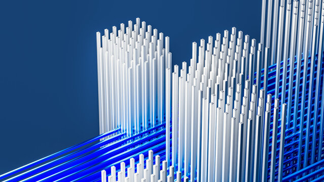 Silver Rod Clusters and Blue Lines on Open Blue Background