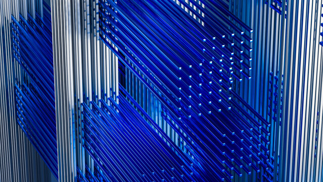 Close View of Intersecting Blue and Silver Metal Lines