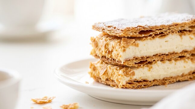 Artisan baked goods and sweet desserts. A macro view shows the multiple crisp, flaky layers and rich cream of a Napoleon cake slice.