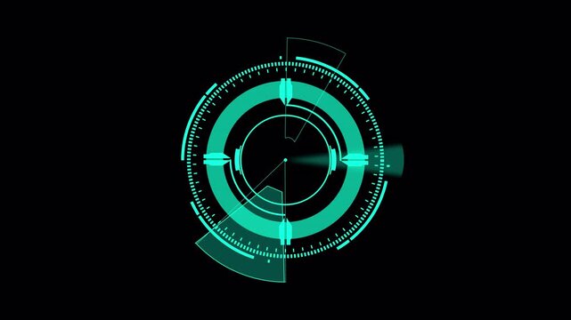 Futuristic circle aim hud video 4k stock, digital radar scope interface. Alpha channel overlay element, sci fi target scanner frame