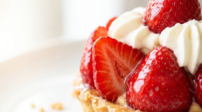 Artisan baked goods and sweet desserts. A macro shot focuses on bright, glossy glazed strawberries arranged beautifully atop a sweet tart.