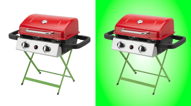Portable red gas grill with two knobs and metal legs isolated on a white background