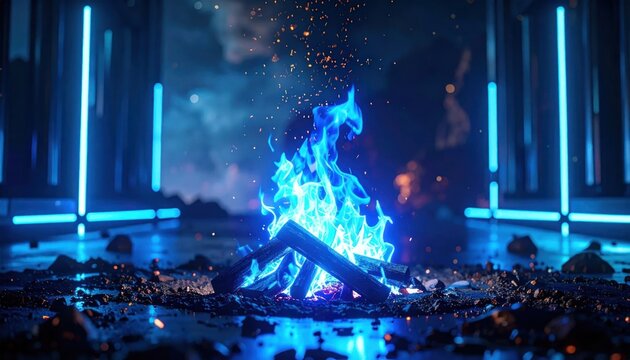 Blue flames burning in dark room.
