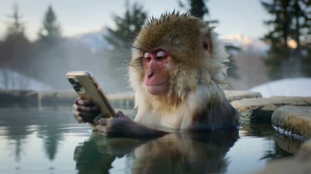 Japanese Snow Monkey Using Smartphone in Outdoor Hot Spring