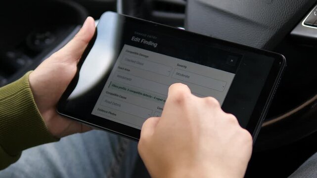 Insurance assessor reviews vehicle damage on a tablet, edits windshield findings and updates repair details during a digital auto claim inspection inside a car.