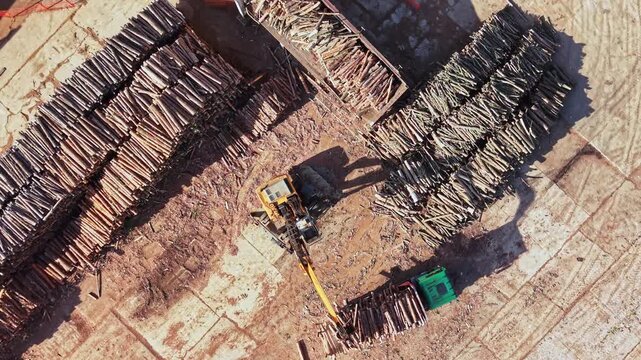 An excavator loader handles timber beside rows of stacked logs at a wood yard, seen from above during daylight.