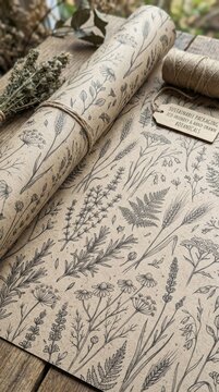 Ecofriendly botanical wrapping paper roll with string and tag
