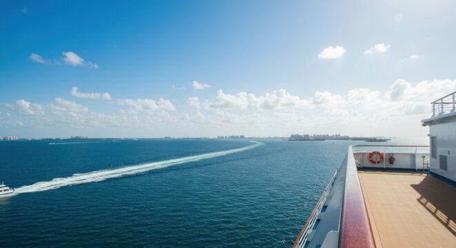 Wide angle shot from a ship deck looking across ocean waters towards a distant coastline