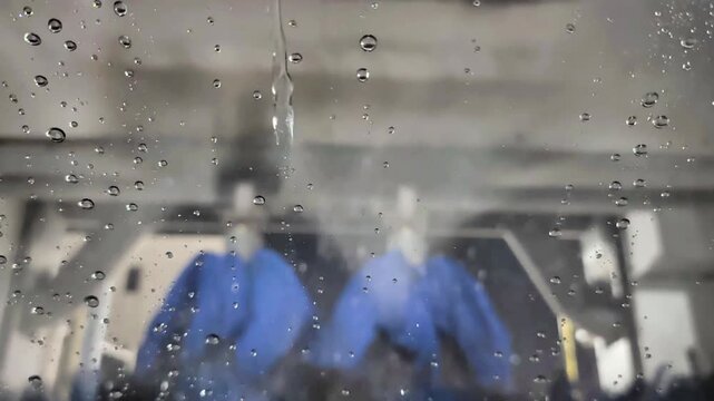 洗車機の中からの視点・ガラスについた水滴と洗車ブラシ