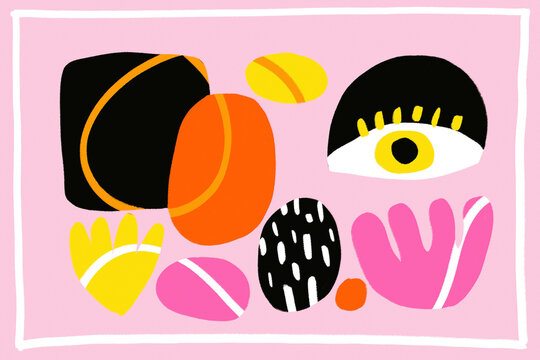 Abstract organic shapes with eye on pink background