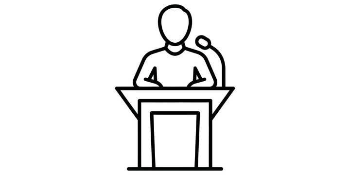 Public speaker outline icon behind podium with microphone for presentation.