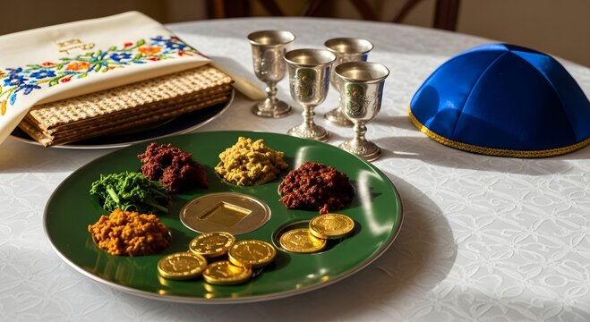 Traditional Passover Seder Table with symbolic foods on green plate, matzah, silver cups, and blue kippah ideal for Jewish holiday educational content or festive celebration marketing.