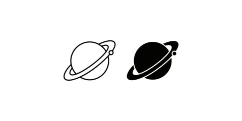 Saturn planet with rings and moon icons in outline and flat styles. © Nimo