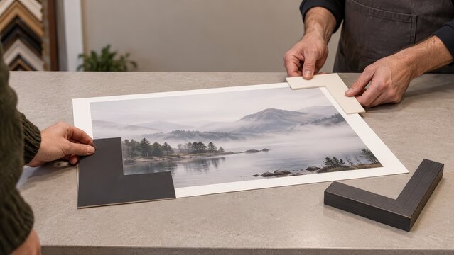 Customer and framer comparing charcoal and cream mat corners around the blank outer margins of one pale landscape photograph during a custom framing border consultation
