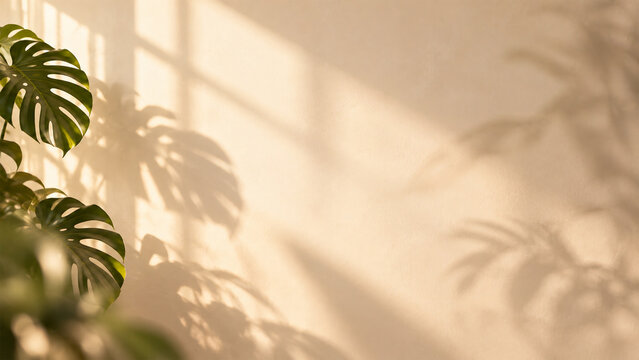 Warm golden sunlight casting soft tropical monstera leaf shadows on a beige wall with green foliage, minimalist botanical background with natural window light and generous copy space