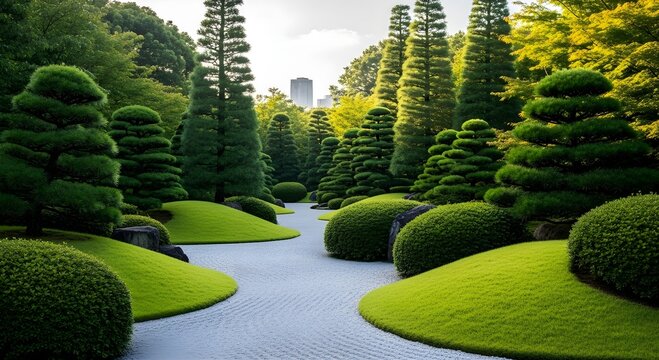 Serene Japanese Zen Garden featuring meticulously pruned pine trees and rounded bushes flanking a white gravel path, ideal for travel brochures and wellness websites.