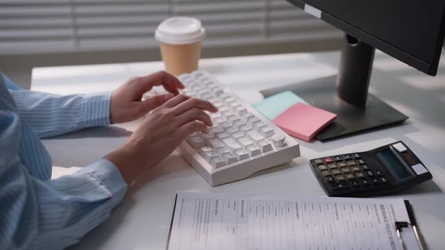Business professional typing on a white computer keyboard beside financial reports and a calculator, representing accounting data entry, bookkeeping, budget analysis, and modern office productivity.