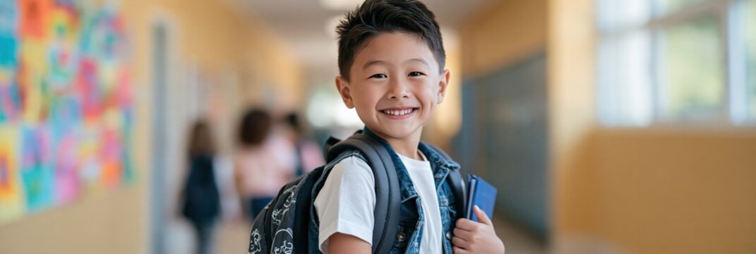 Happy elementary boy holding book and wearing backpack in bright school corridor for back to school poster and banner background