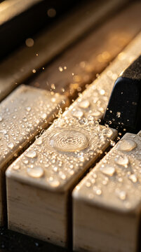 Wet Piano Keys with Water Droplets Close Up
