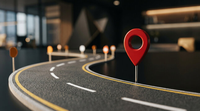 Navigation route with map pin markers on asphalt road, modern office background