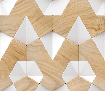 Geometric wood and white 3D panel pattern background