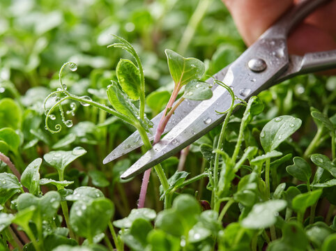 Trimming Fresh Green Sprout Microgreens With Steel Kitchen Scissors