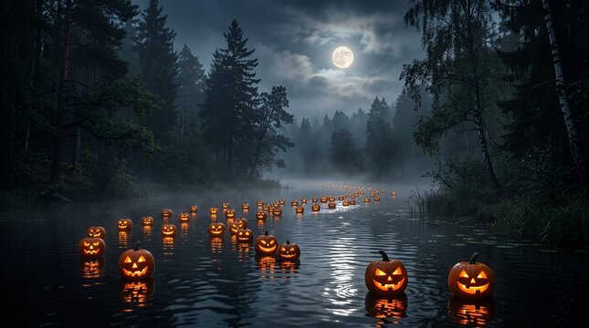 A spooky scene featuring numerous glowing jack o' lanterns floating down a river through a dark misty forest at night under the bright light of a full moon.