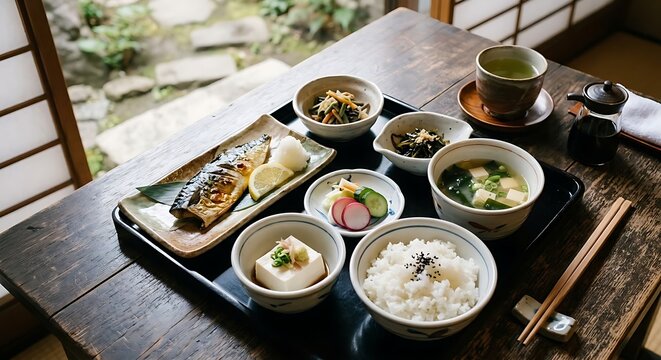 Traditional Japanese Teishoku set meal with grilled saba fish, rice, miso soup, and sides on a dark wooden table in a traditional interior